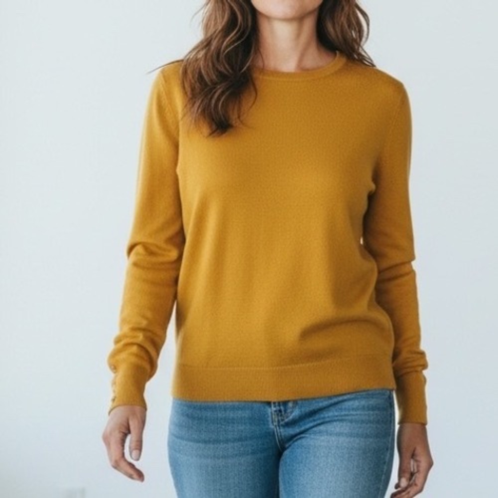 JM COLLECTION Petite Mustard Yellow Crewneck Sweater Button Cuff Women's L